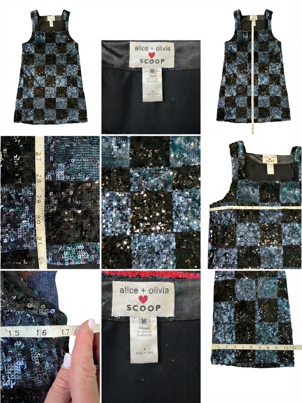 Alice + Olivia Black and Blue Sequin Checker Mini Dress